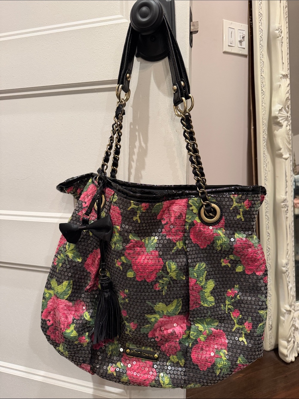 Betsey Johnson Black Sequin Floral Shoulder Bag with Pink Roses